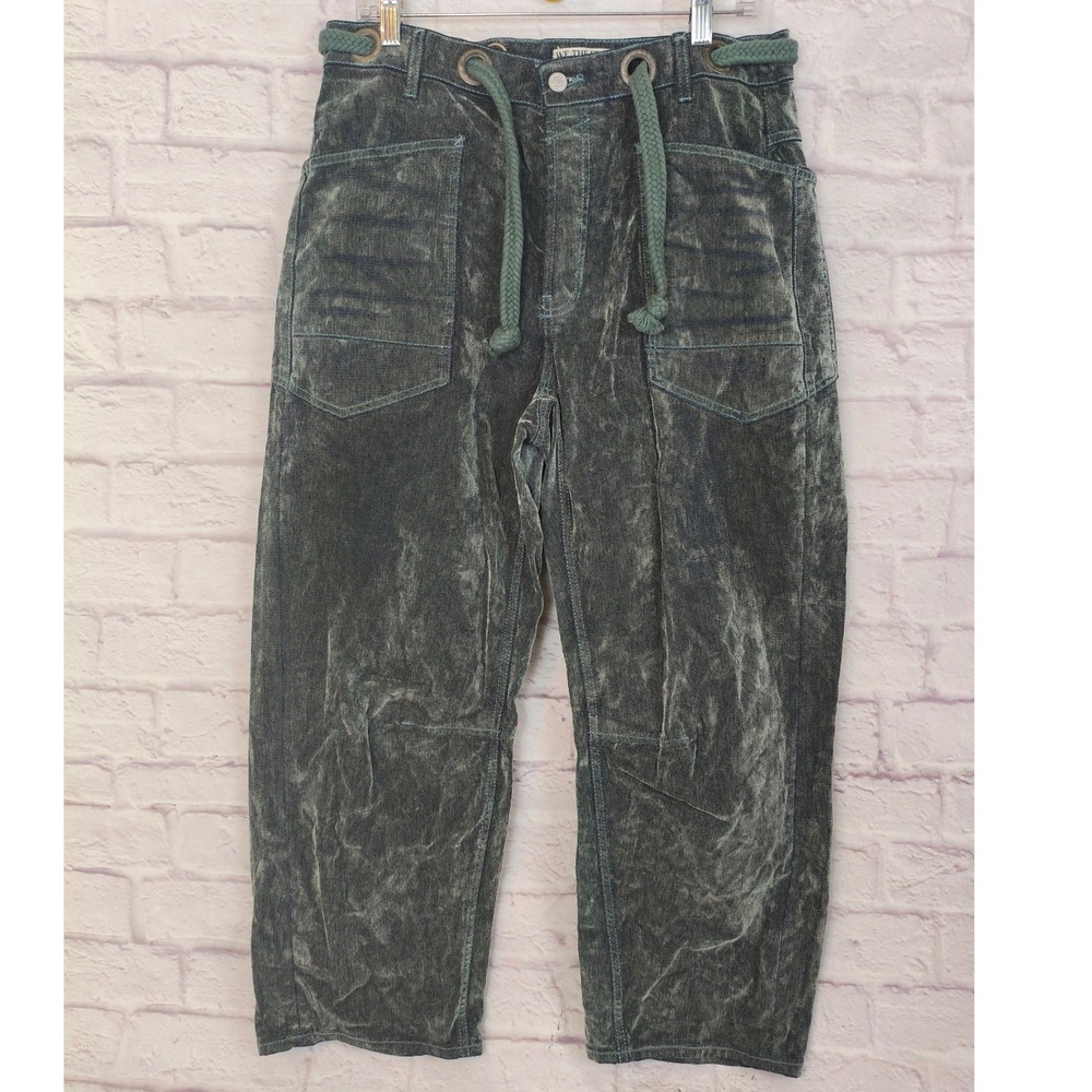 We The Free Free People Green Moxie Pull on Flocked Barrel Leg Pants Size 28
